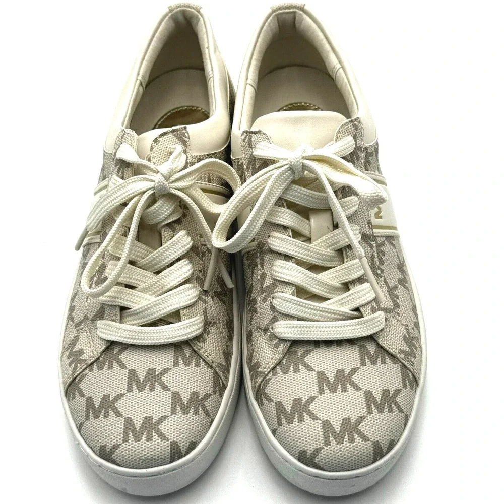 MICHAEL KORS Womens 6.5M Fashion Sneakers Shoes Taupe White Gold Lace Up Low Top
